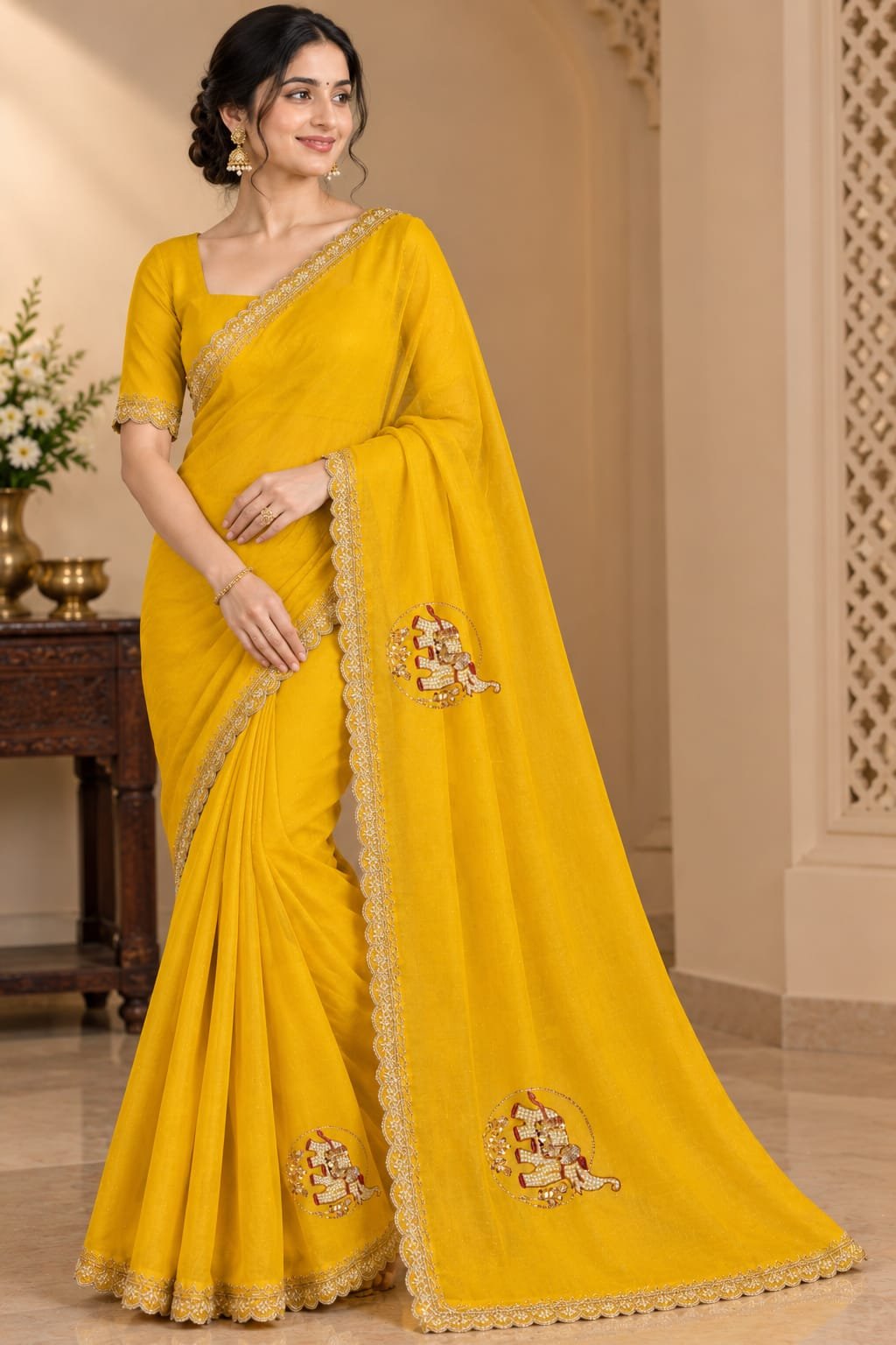 Yellow Designer Saree with Embroidered Border