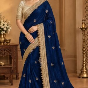 Navy Blue Silk Saree with Gold Embroidery