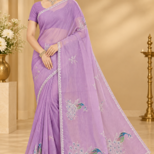 Lavender organza cotton saree with peacock embroidery work